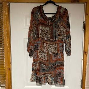 Faith, Bohemian Long Sleeve Patchwork Dress, Sheer